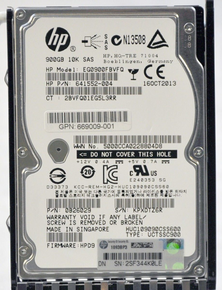 900GB 10K SAS 2.5" HDD 6G HPE EG0900FBVFQP/N: 641552-004 0B26029