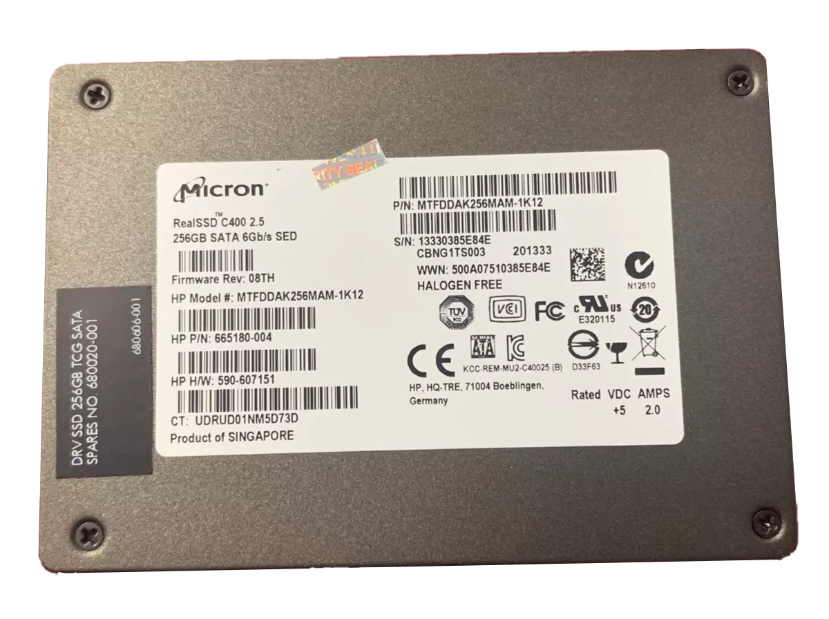 256GB SATA 2.5" 6G SED Micron RealSSD C400 HP MTFDDAK256MAM-1K12 P/N: 665180-004 590-607151