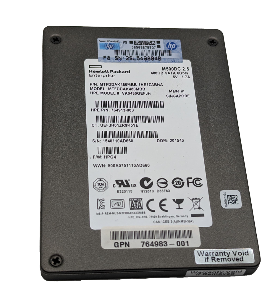 480GB SATA 6G SSD 2.5" M500DC HPE VK0480GEFJH P/N: 764913-003 MTFFDDAK480MBB-1AE1ZABHA