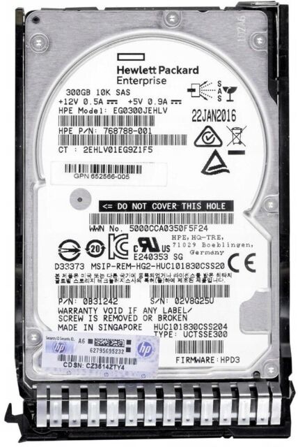 300GB 10K SAS 2.5" HDD HDD 10k 12G HP EG0300JEHLV P/N: 768788-001 0B31242