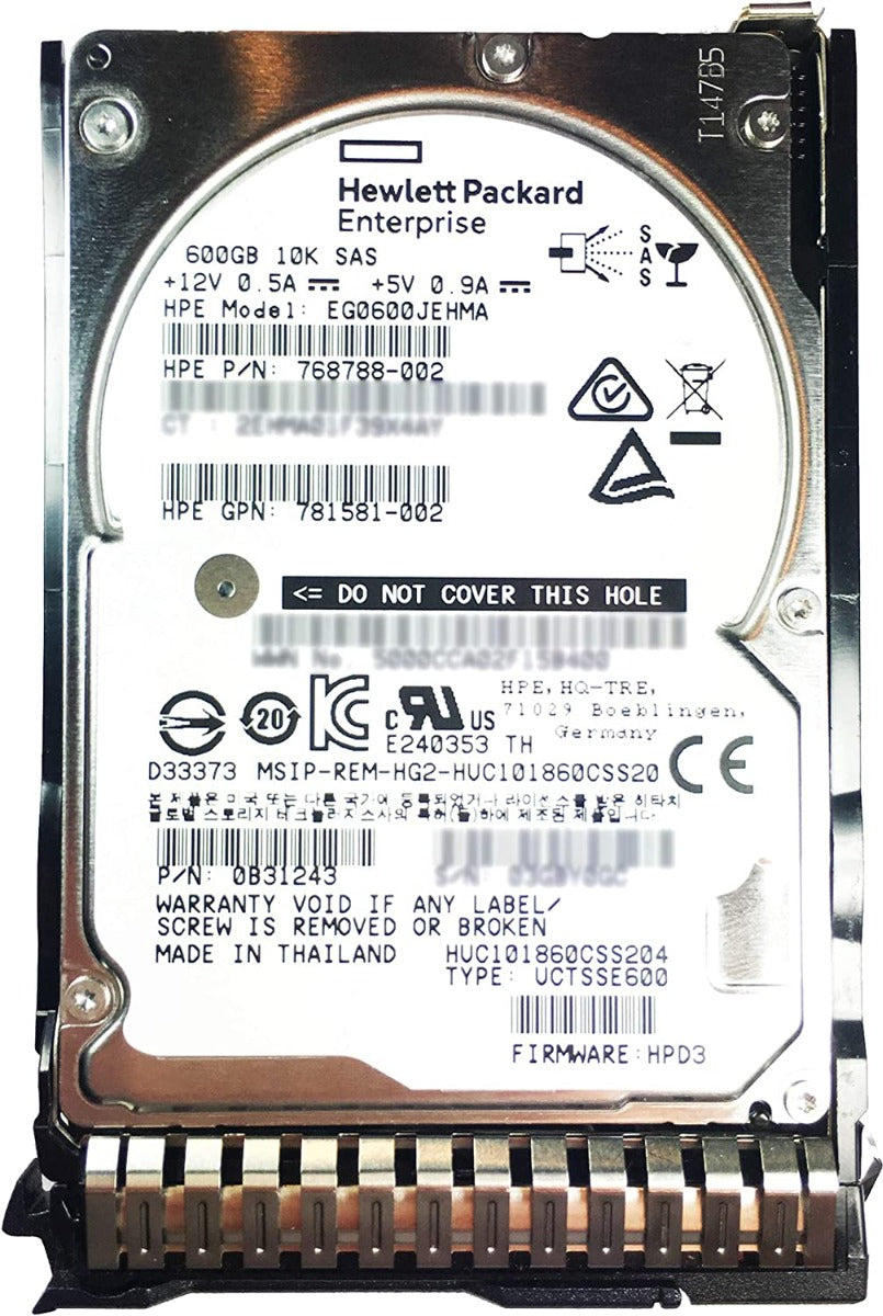 600GB 10K SAS 2.5" HDD 12G HPE EG0600JEHMA P/N: 768788-002 0B31243