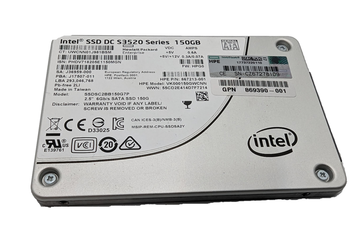 150GB 6G SATA RI SSD 2.5" Intel DC S3520 SSDSC2BB150G7P HPE P/N: 867213-001 869390001