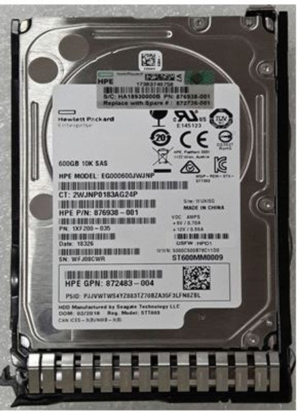 600GB 10K SAS 2.5" HDD 12G HPE EG000600JWJNP P/N: 876938-001 1XF200-035