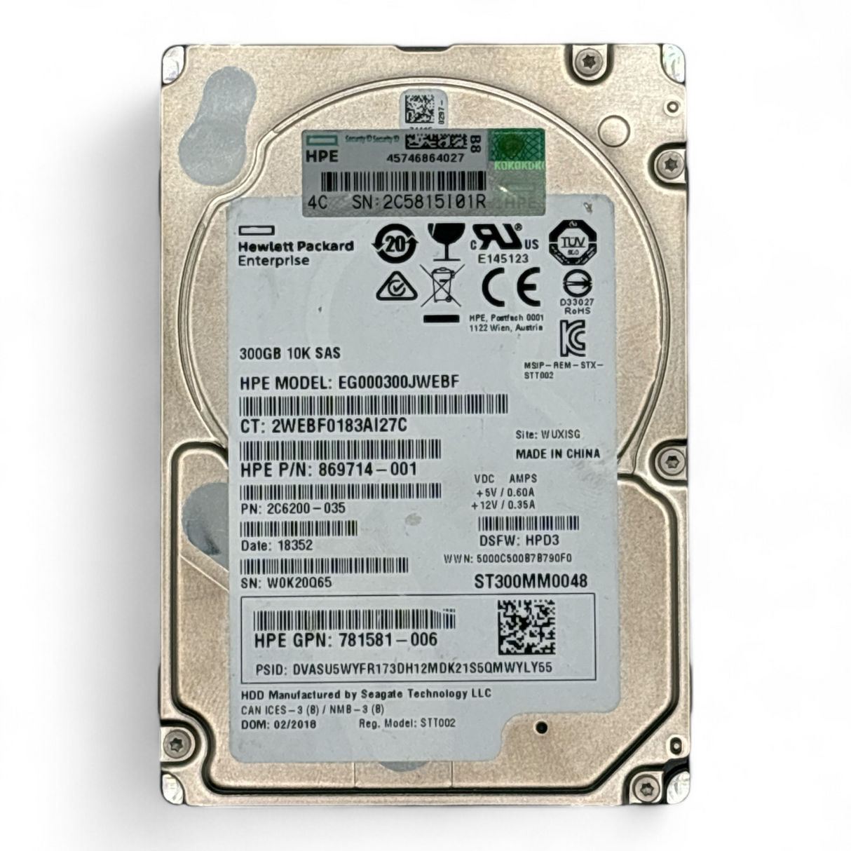 300GB 10K SAS 2.5" HDD HDD 12G HPE EG000300JWEBF P/N: 869714-001 2C6200-035