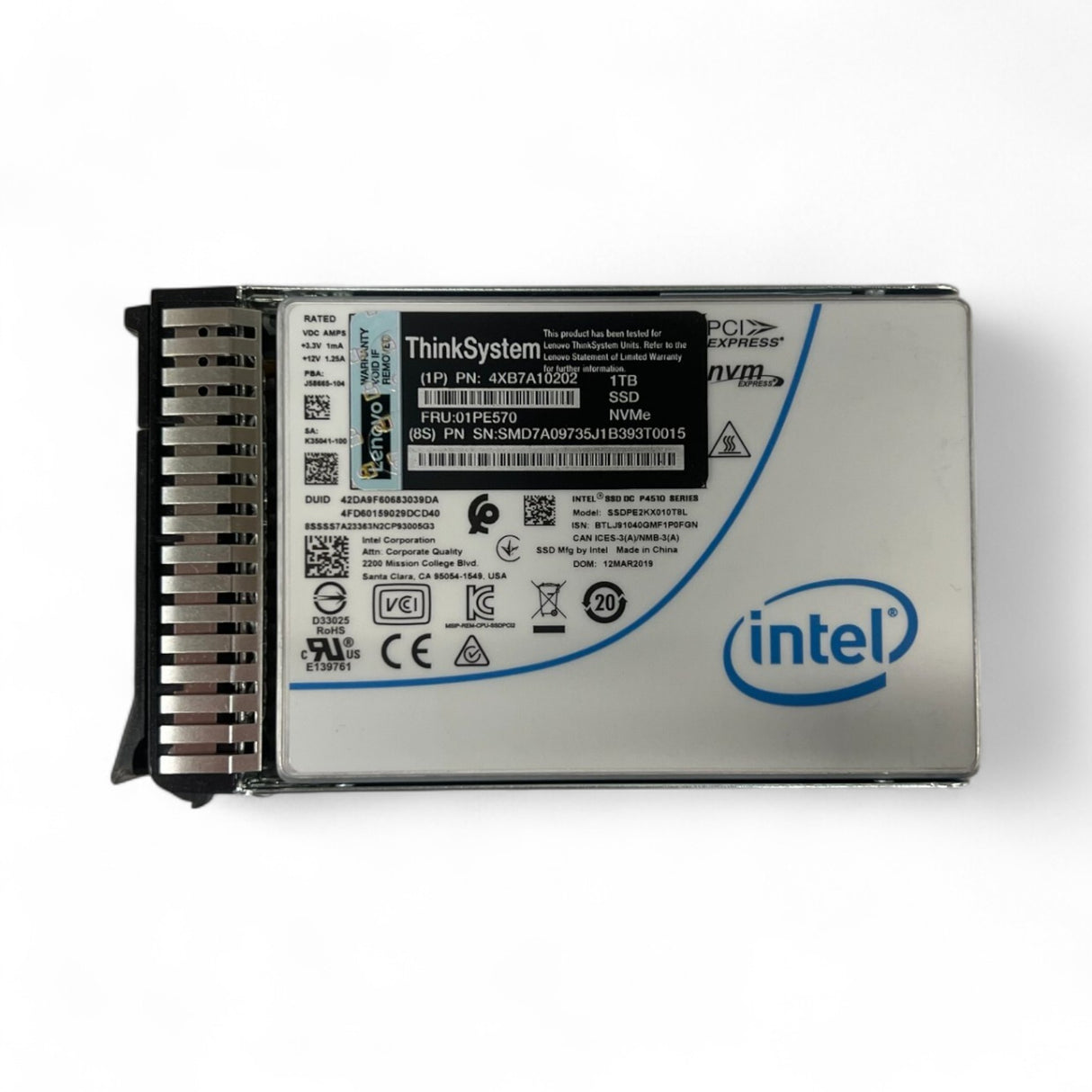 1.0TB U.2 NVMe 2.5" PCIe 3.0 RI Intel P4510 P/N: SSDPE2KX010T8L