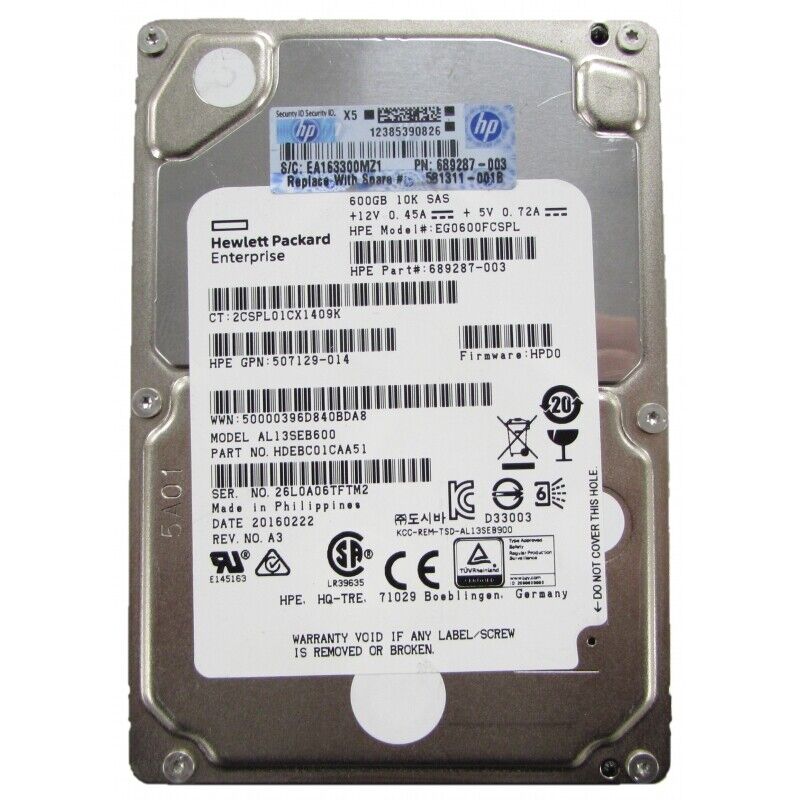 600GB 10K SAS 2.5" HDD 6G HPE EG0600FCSPL P/N: 689287-003 HDEBC01CAA51