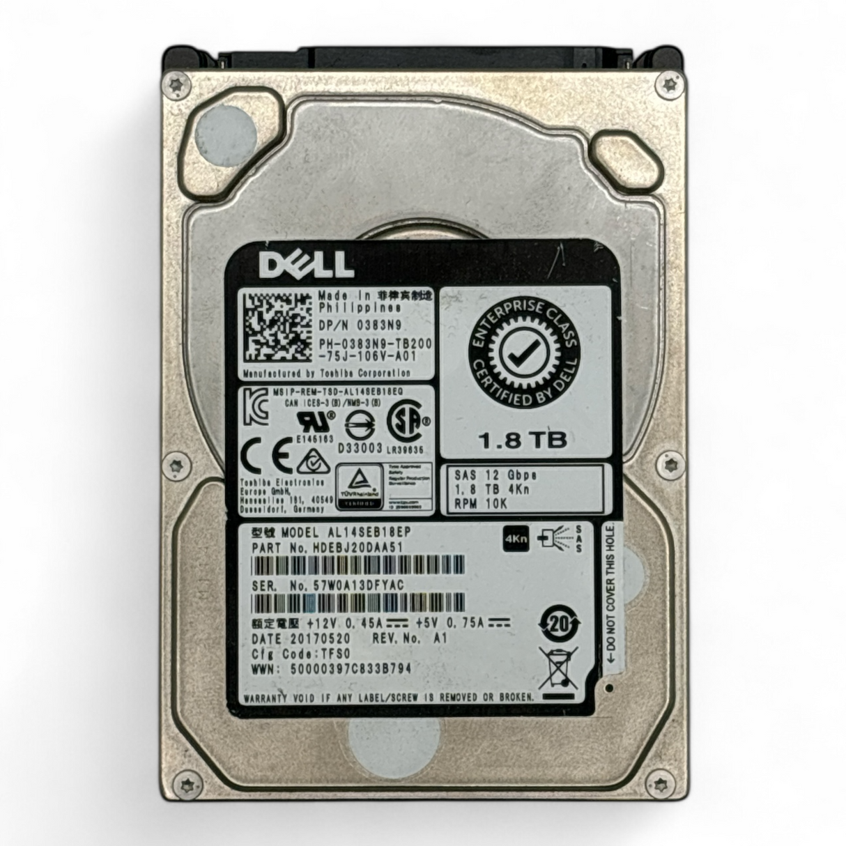 1.8TB 10K SAS 2.5" HDD 12G 4Kn DELL Toshiba P/N: 383N9 0383N9