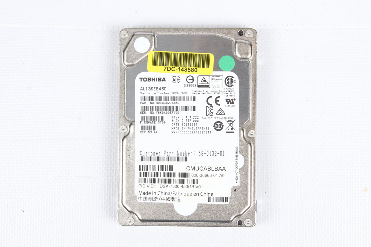 600GB 10K SAS 2.5" HDD DP 6G - MAX 46 DAYS USED  Toshiba AL13SEB600 P/N: HDEBC01JGA51 58-0125-01