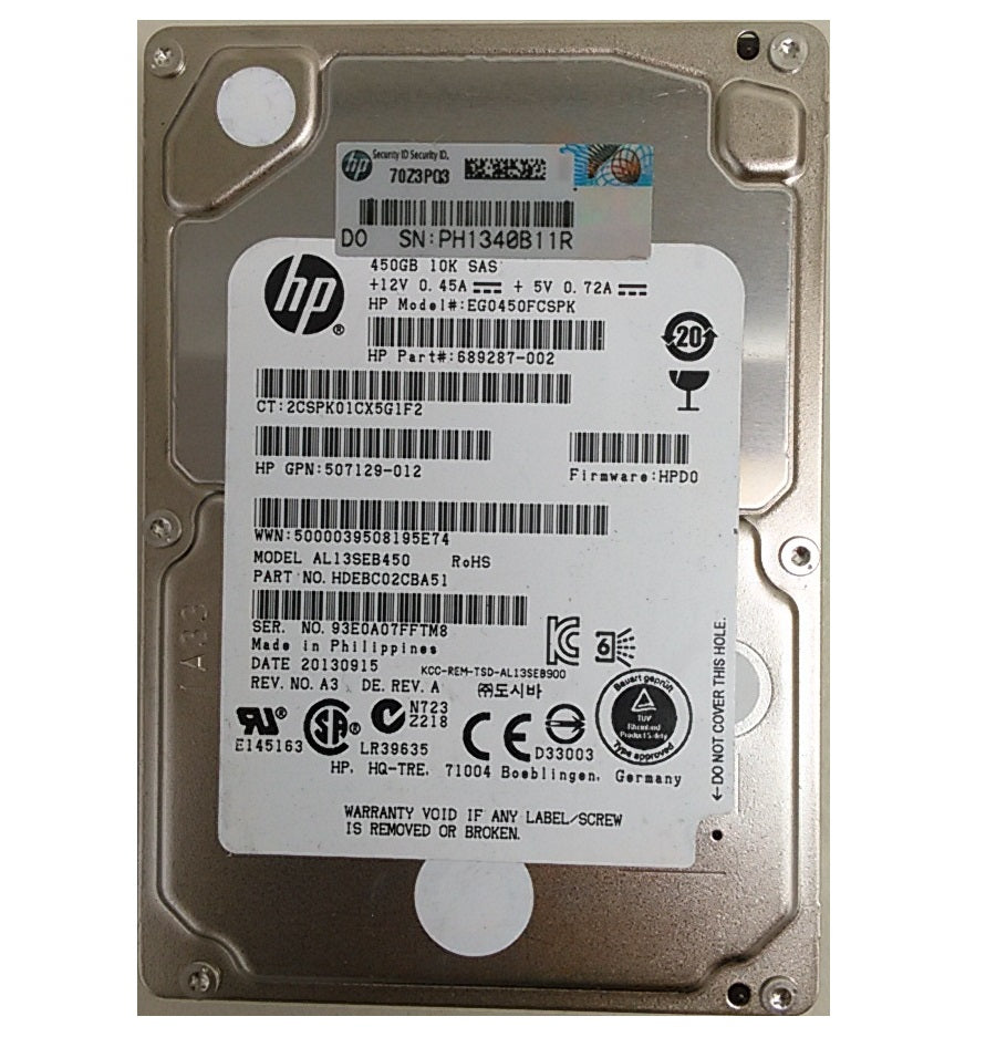 450GB 10K SAS 2.5" HDD 6G HP P/N: 689287-002