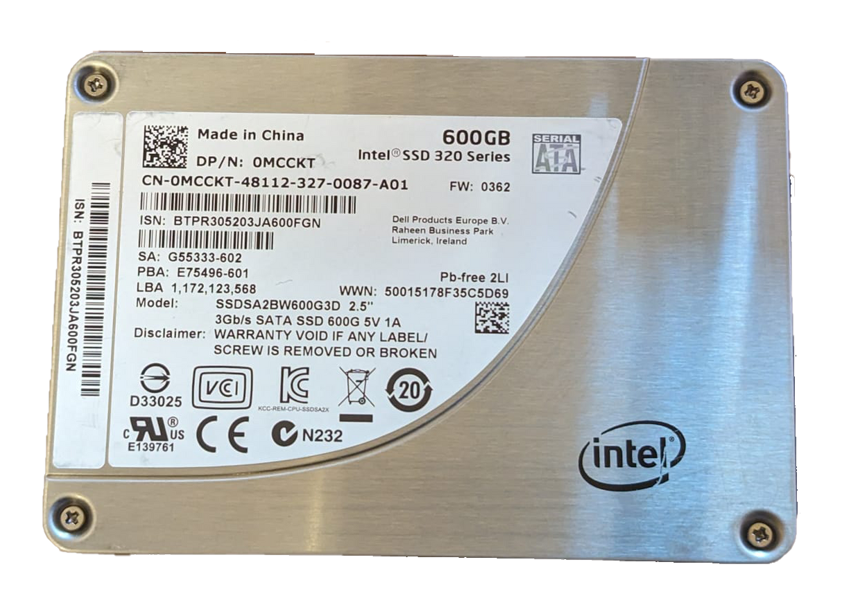 600GB SSD SATA 3G 2.5" Intel S320 SSDSA2BW600G3D Dell P/N: MCCKT 0MCCKT E75496-601