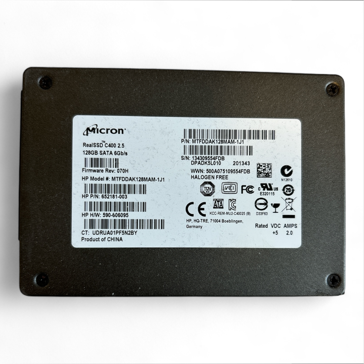 128GB SATA 2.5" 6G SED Micron RealSSD C400 HP MTFDDAK128MAM-1J1 P/N: 652181-003 590-606095