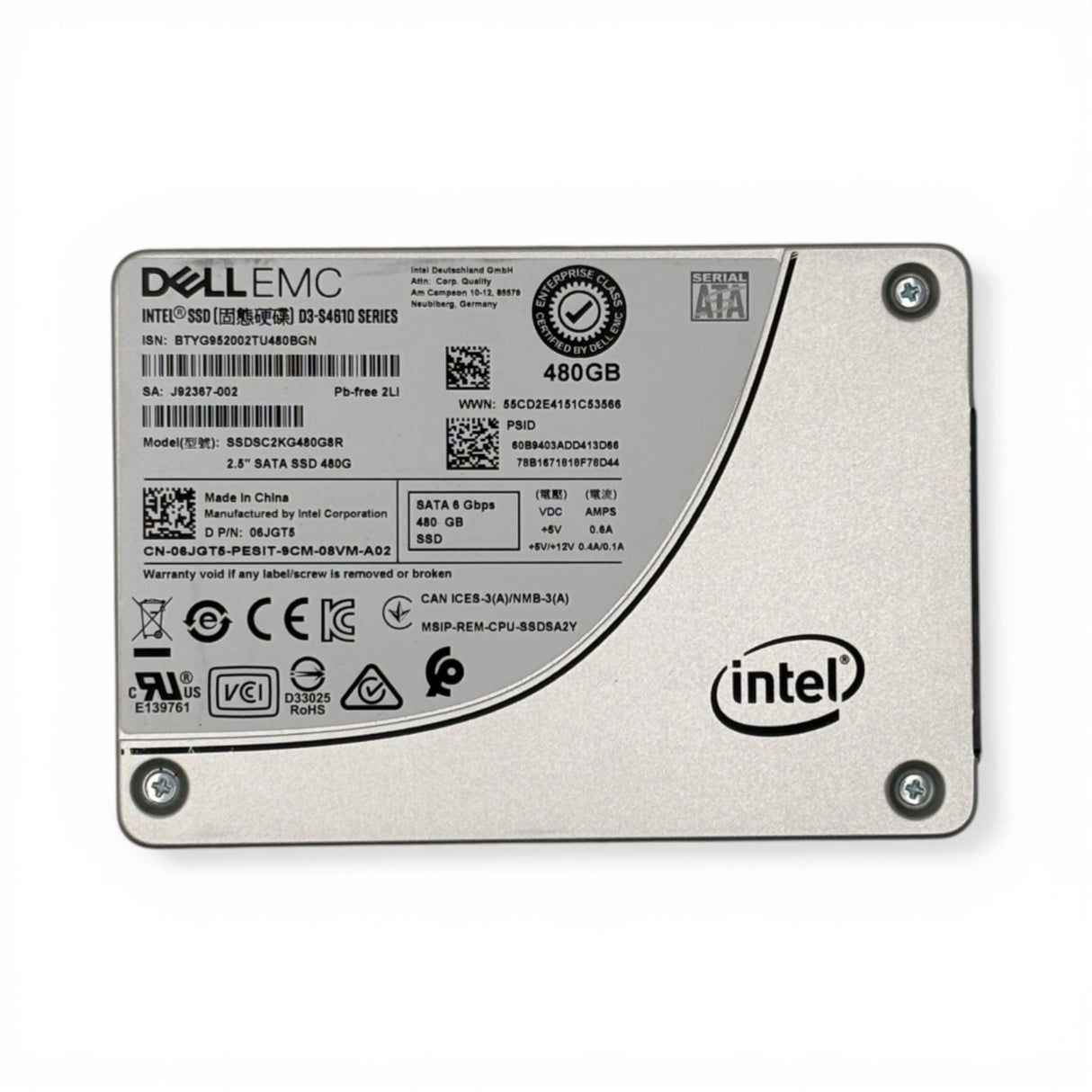 480GB SSD 6G SATA MU DellEMC Intel D3-S4610 P/N: 6JGT5 06JGT5 J92367-000