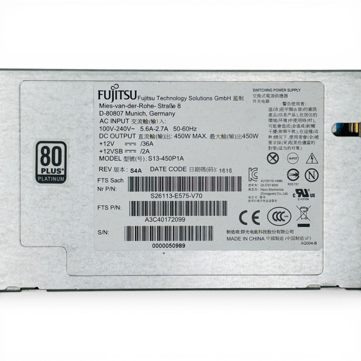 Fujitsu 450W Hot-Swap 80 Plus Platinum P/N: S26113-E575-V70