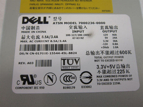 Power Supply Dell, 600W, P/N: 17GUE, 017GUE