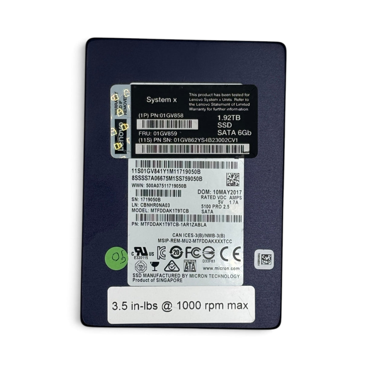 1.92TB SATA 2.5" 6G MU SSD Micron 5100 PRO MTFDDAK1T9TCB Lenovo P/N: 01GV858