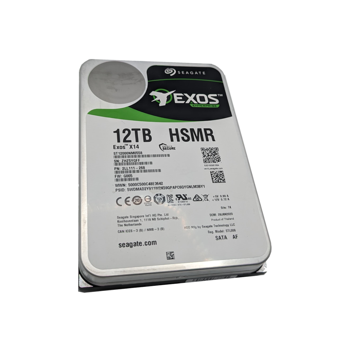 12TB 7.2k 6G SATA 3.5" 512e HSMR Seagate Exos X14 ST12000NM0558 P/N: 2LL111-268