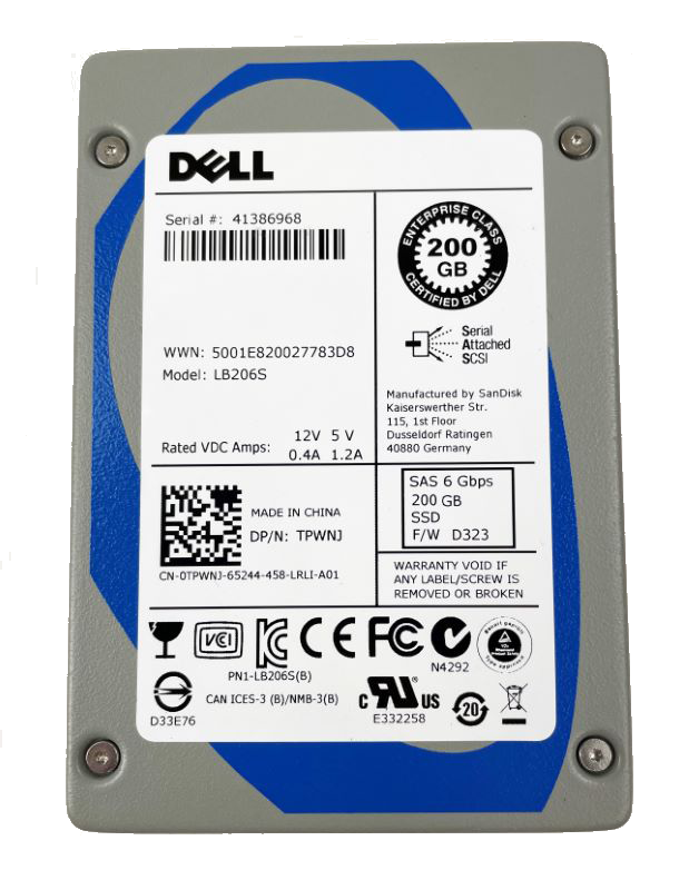 200GB SSD SAS 2.5" 6G DELL LB206S P/N: TPWNJ 0TPWNJ